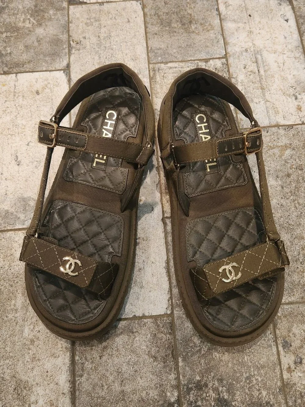 Khaki Chanel Slingback Sandals, Authentic, LNWT